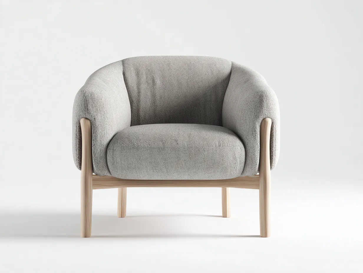 Sessel Boucléstoff 88x81x77 cm - Hellgrau und Naturholz - Wohnzimmer-Sessel mit offenem Holzrahmen-Cozymyio