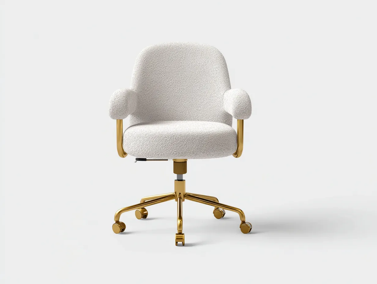 Bürostuhl Bouclé-Optik 59x61x85-95 cm - Weiß und Gold - drehbar mit Rollen und Armlehnen für Homeoffice-Craftuphub