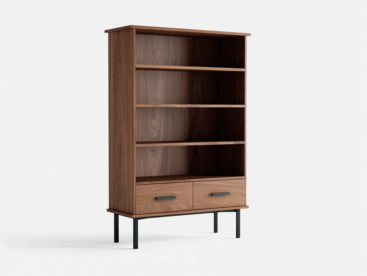 Bücherregal in Walnussoptik 88x36x192 cm - Walnussbraun und Schwarz - für das Arbeitszimmer - mit offenen Ablagen und Schubladen-Craftuphub