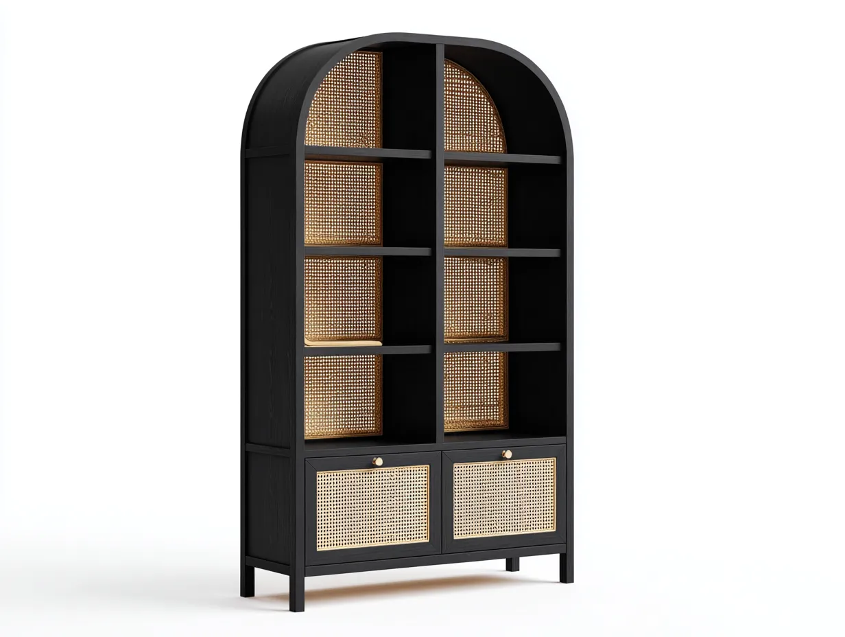 Bücherregal aus Holz 95x36x215 cm - Schwarz und Natur - für das Arbeitszimmer - offenes Design mit Rundbogen und Unterschrank-Craftuphub