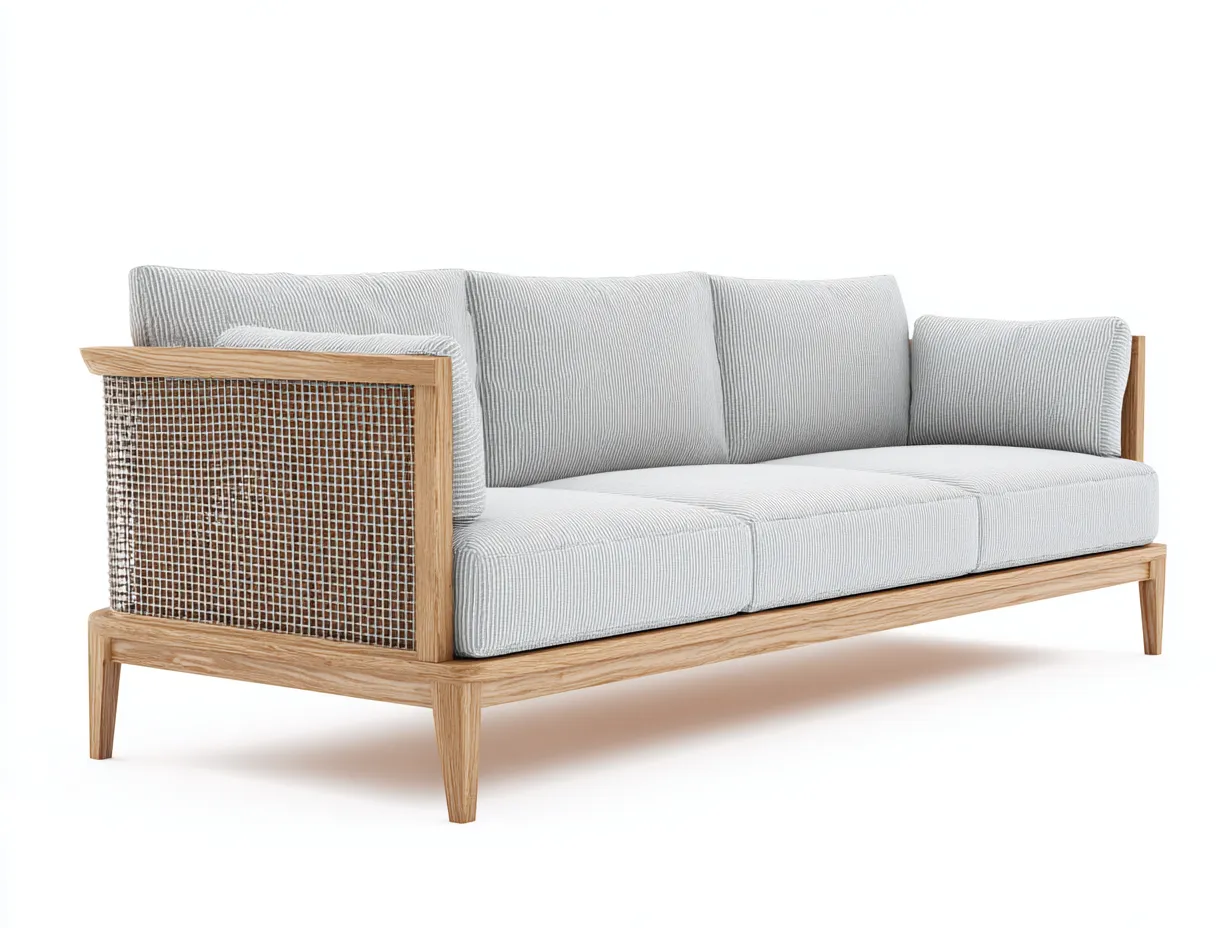 3-Sitzer-Sofa 240x88x77 cm - Holz Hellgrau - Outdoor Sofa mit Geflechtseiten und Stoffpolstern-Craftuphub