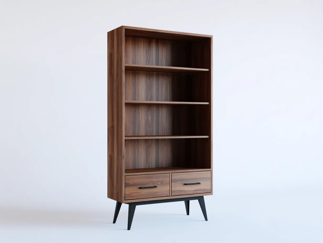 Bücherregal in Walnussoptik 85x35x190 cm - Walnussbraun und Schwarz - für das Arbeitszimmer - mit zwei Schubladen und offenen Fächern-Craftuphub