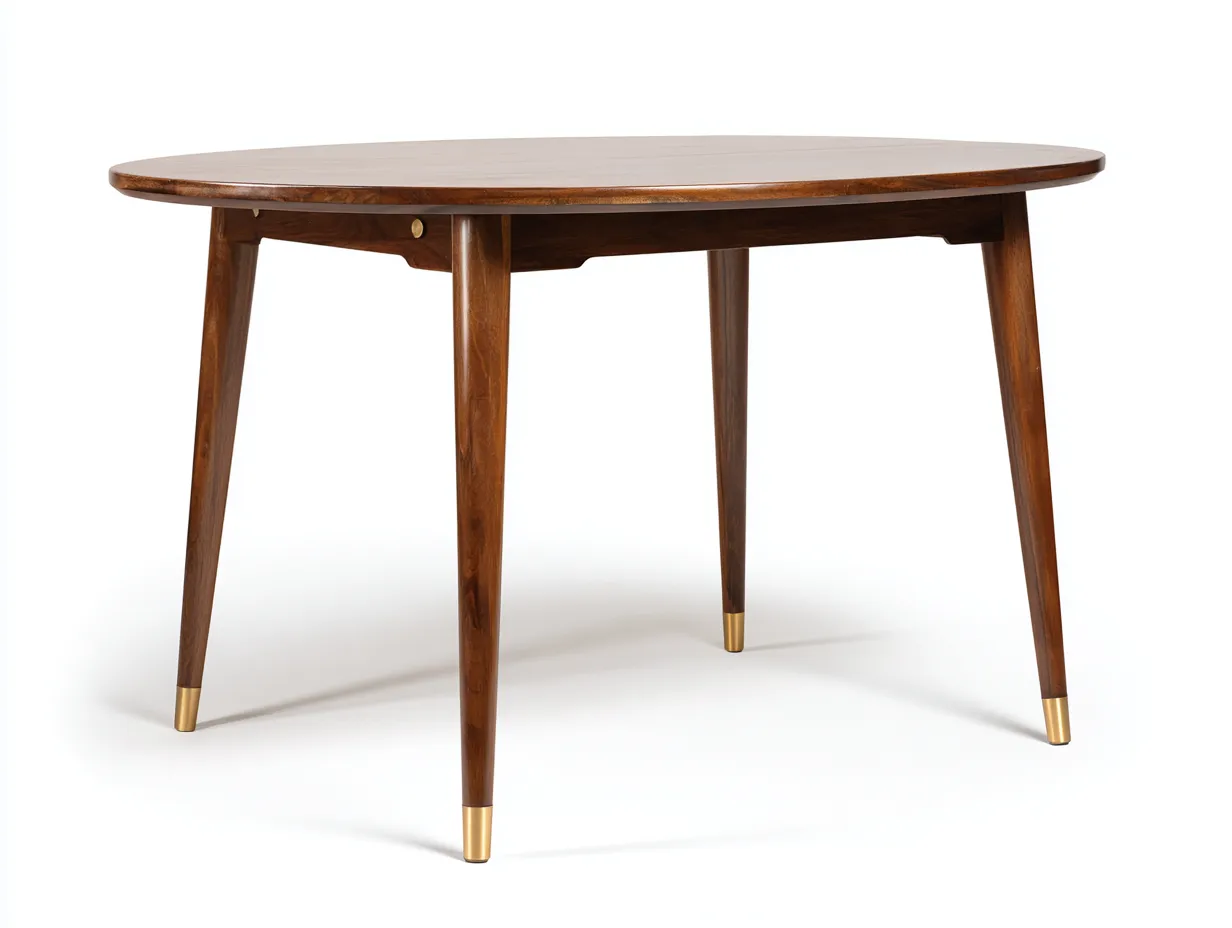 Esstisch aus Holz 128x128x75 cm - Walnussbraun und Goldfarben - für das Esszimmer - runde Tischplatte im Mid-Century-Stil-Craftuphub
