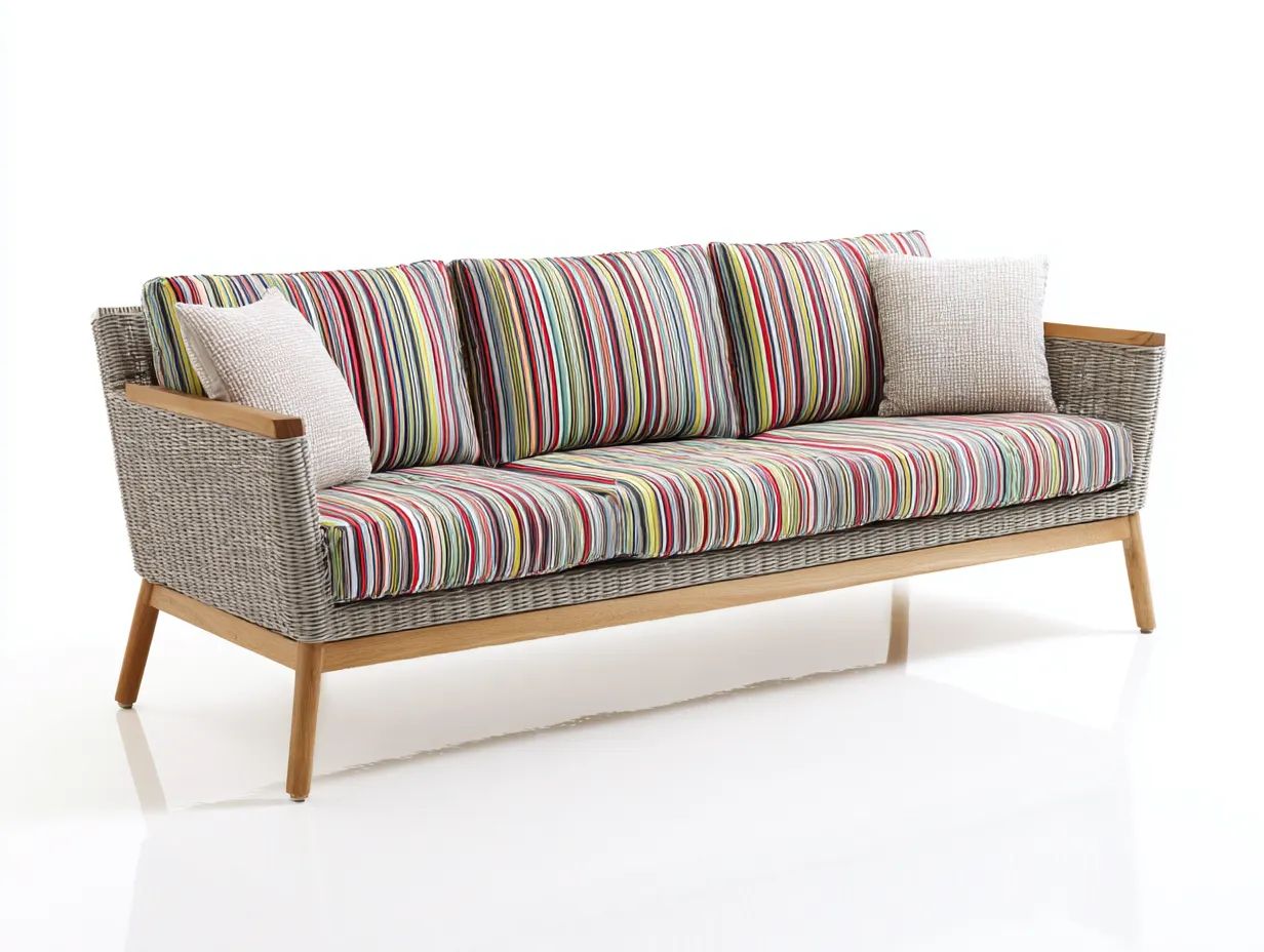 3-Sitzer-Sofa 238x86x76 cm - Geflecht Mehrfarbig - Outdoor Sofa mit Holzgestell und Streifenpolstern-Craftuphub