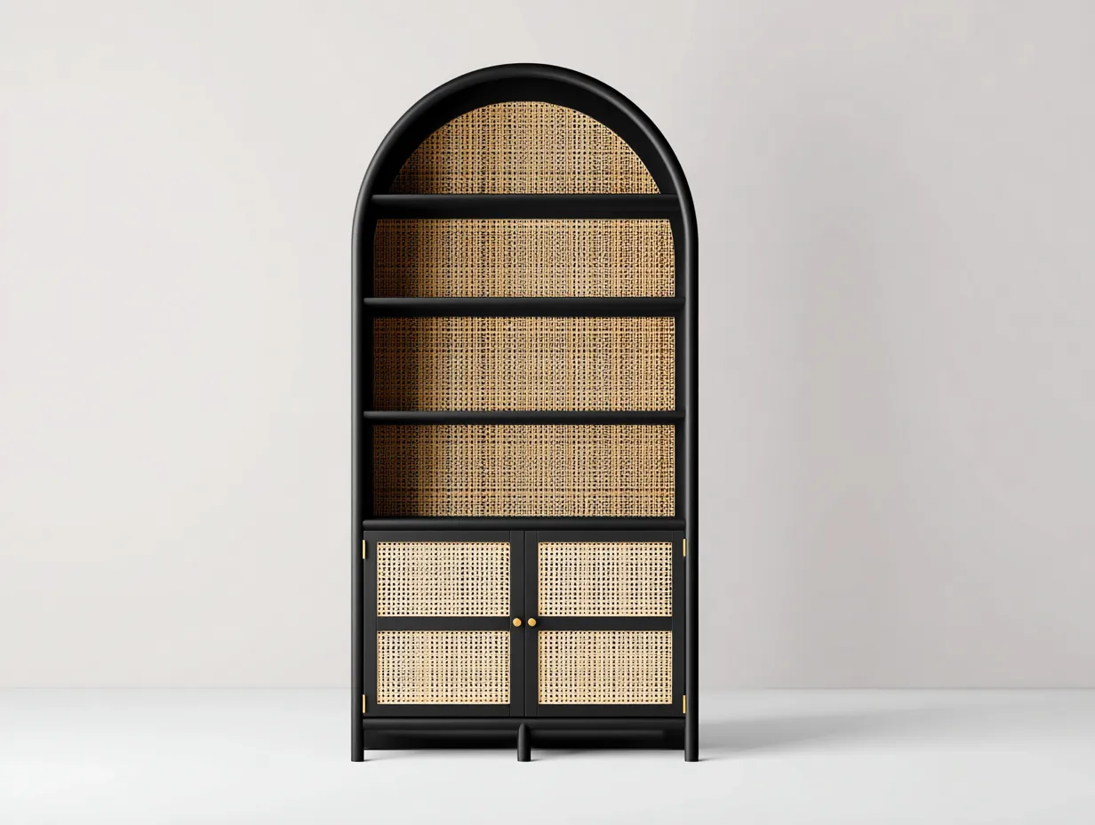 Bücherregal aus Holz 90x38x220 cm - Schwarz und Natur - für das Arbeitszimmer - mit Rundbogen und Rattangeflecht-Craftuphub