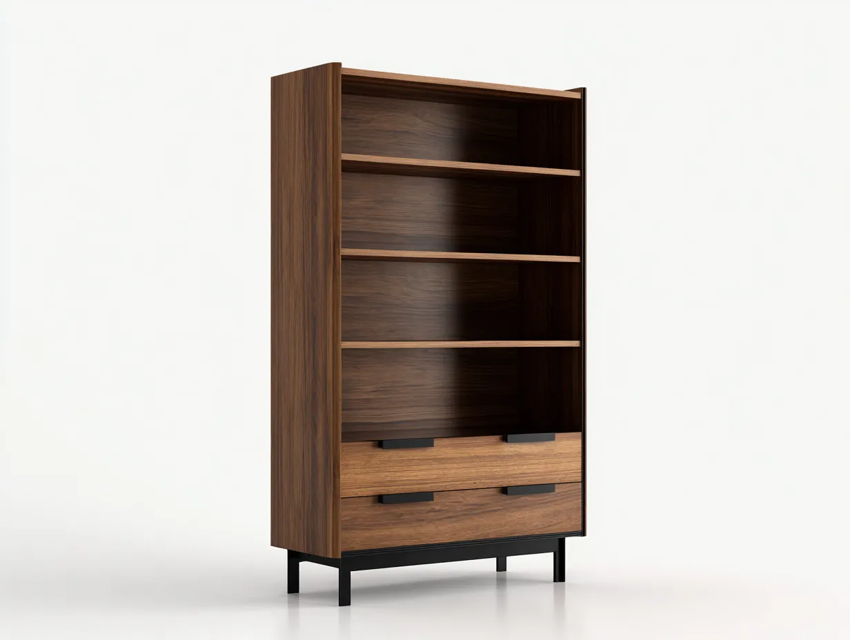 Bücherregal in Walnussoptik 84x37x188 cm - Walnussbraun und Schwarz - für das Arbeitszimmer - mit zwei Schubladen und hoher Fachstruktur-Craftuphub