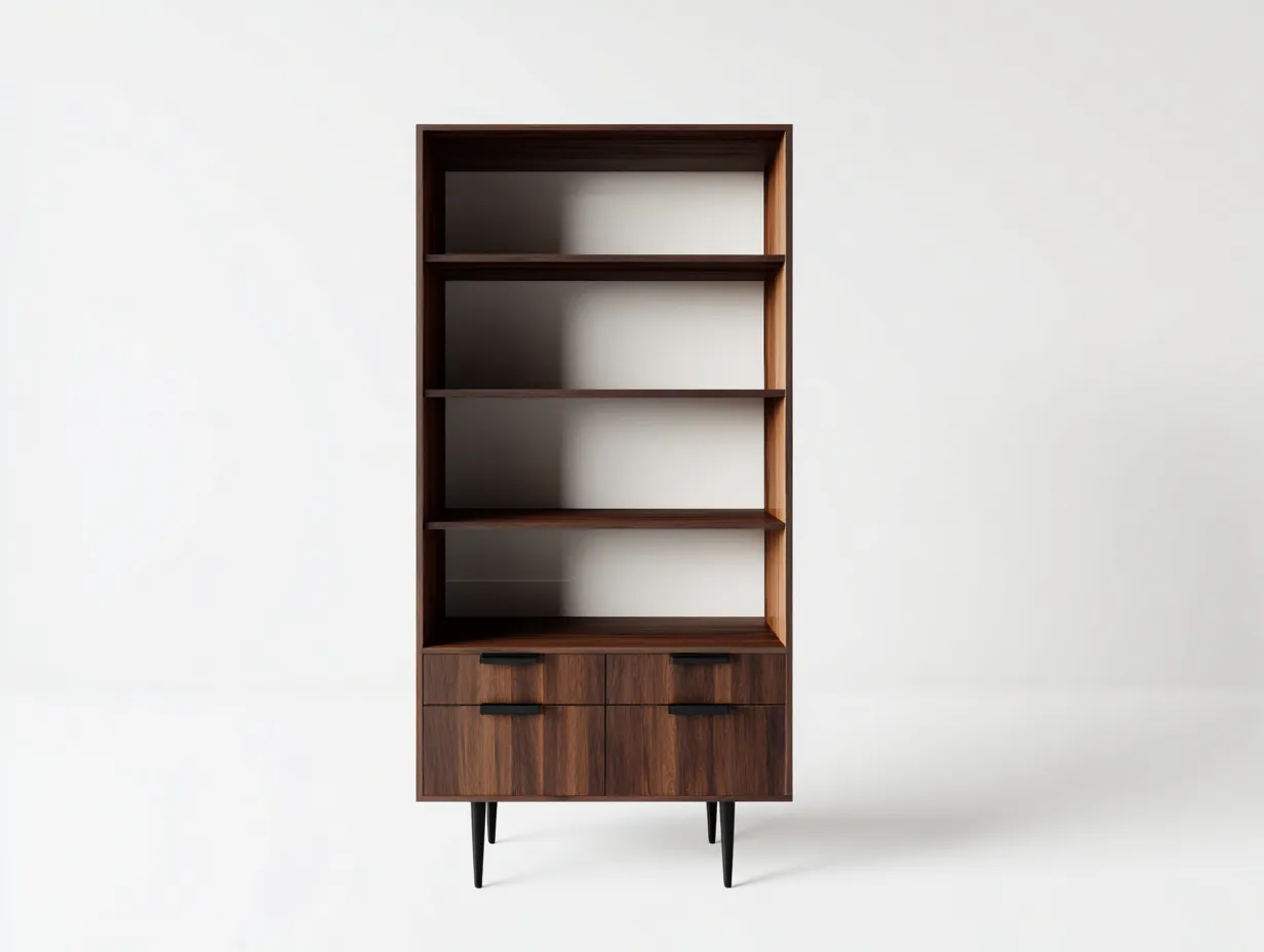 Bücherregal in Dunkelwalnuss 86x38x198 cm - Dunkelbraun und Schwarz - für das Arbeitszimmer - mit vier Schubladen und offenen Böden-Craftuphub