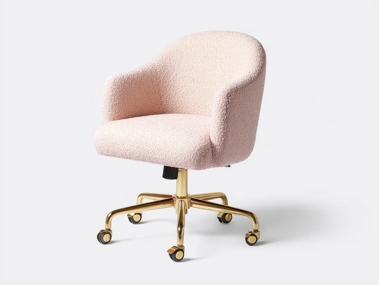 Bürostuhl Bouclé-Optik 61x63x82-92 cm - Hellrosa und Gold - drehbar mit Rollen für Homeoffice-Craftuphub