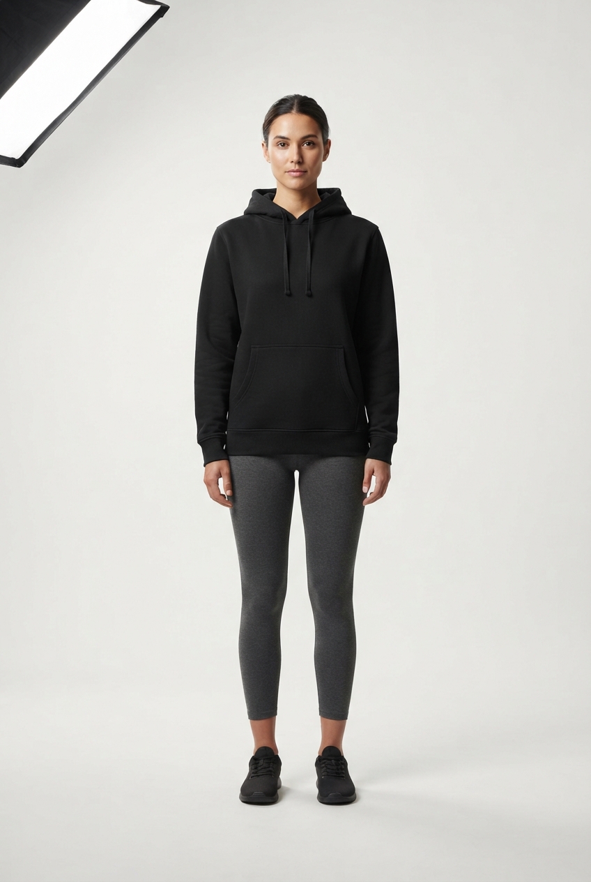 Heavyweight black pullover hoodie in minimalist modern street style