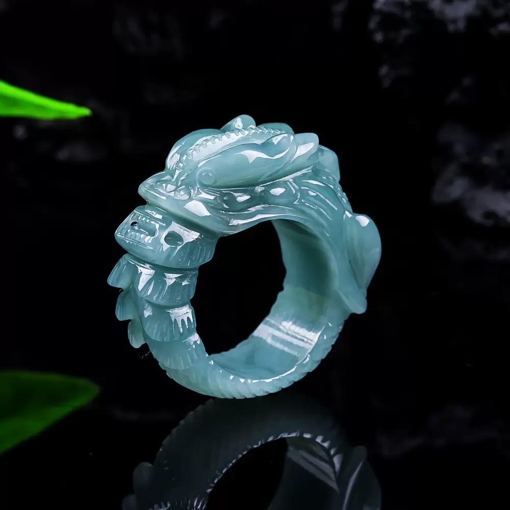 Authentic Grade A "Blue Water" Jade Ring – Wide Band Featuring an Exquisitely Carved "Divine Dragon Protecting Its Master" – Fine Jade Jewelry