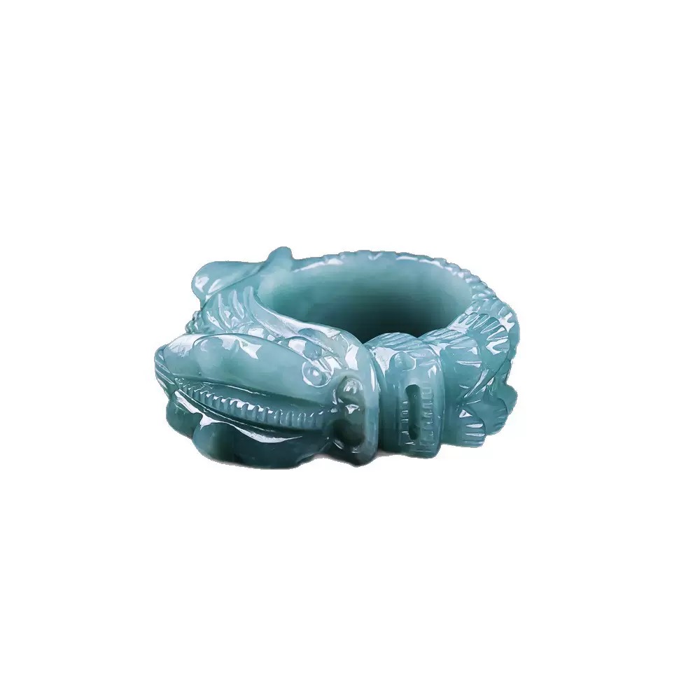 Authentic Grade A "Blue Water" Jade Ring – Wide Band Featuring an Exquisitely Carved "Divine Dragon Protecting Its Master" – Fine Jade Jewelry