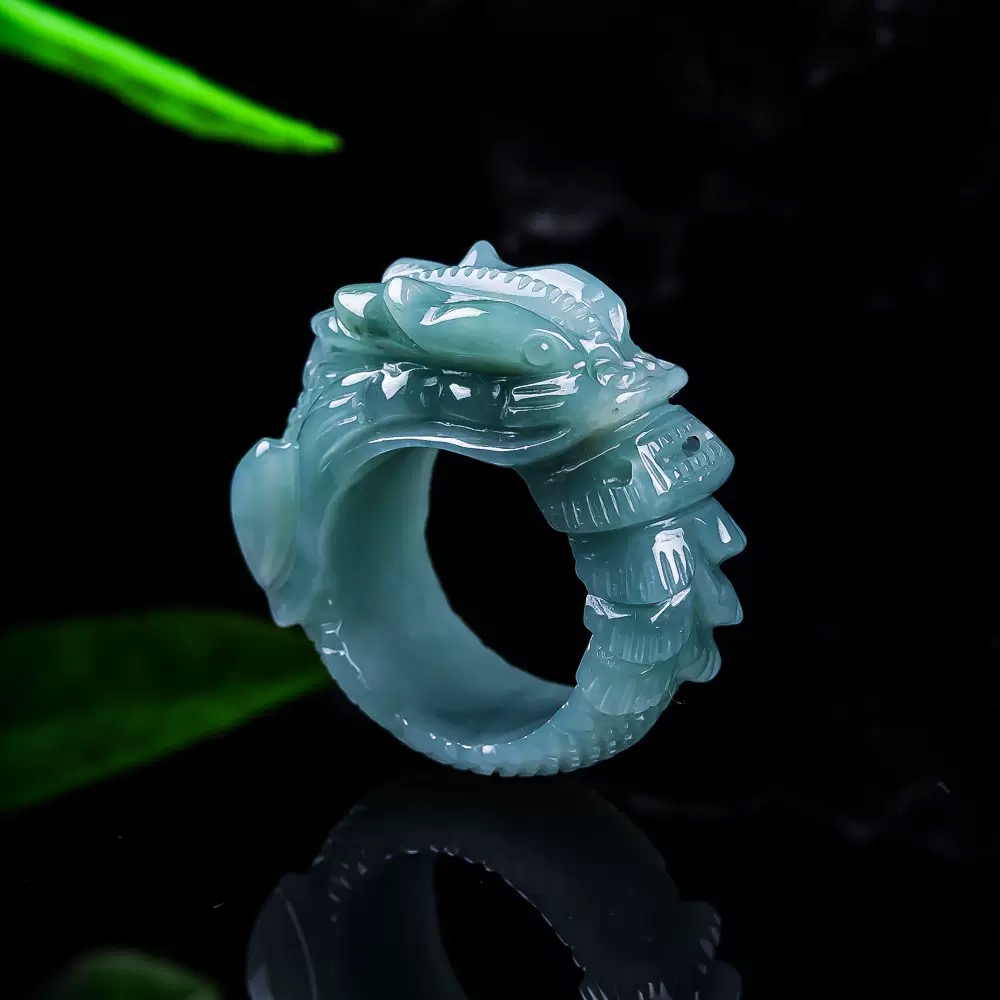 Authentic Grade A "Blue Water" Jade Ring – Wide Band Featuring an Exquisitely Carved "Divine Dragon Protecting Its Master" – Fine Jade Jewelry
