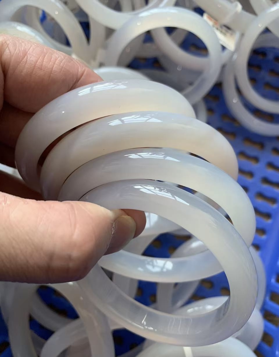 Natural white chalcedony (agate) bangle, also known as White Moonlight Lychee Jelly jade bangle