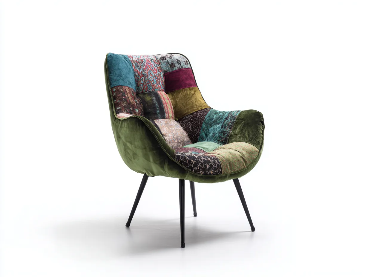 Fauteuil - tissu-velours-métal - 76x74x90 cm - multicolore-vert - style vintage patchwork-Bamboogobase