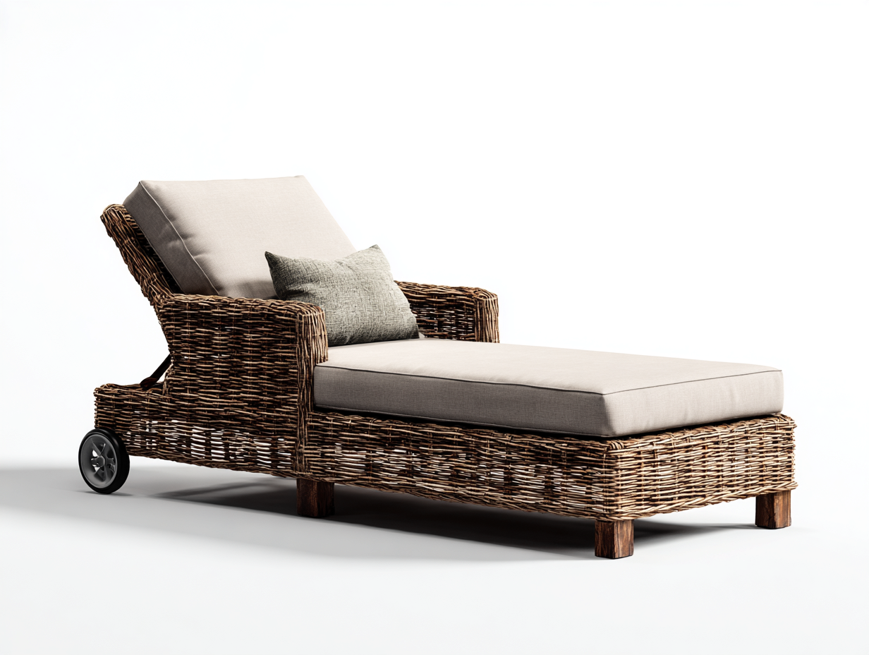 Bain de soleil en résine tressée et bois 182x72x86 cm beige-naturel style moderne pour jardin terrasse et bord de piscine-Havenupmart