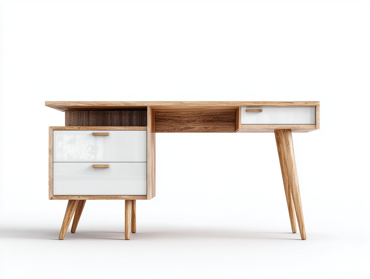 Bureau en bois 150x55x78 cm - bois naturel et blanc - avec tiroirs - pour bureau - style contemporain-Havenupmart
