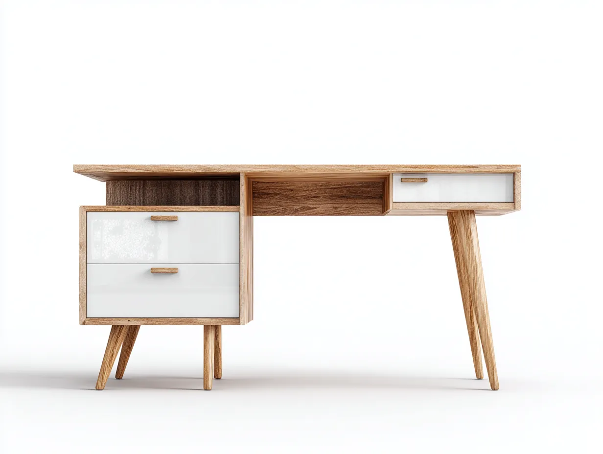 Bureau en bois 150x55x78 cm - bois naturel et blanc - avec tiroirs - pour bureau - style contemporain-Havenupmart