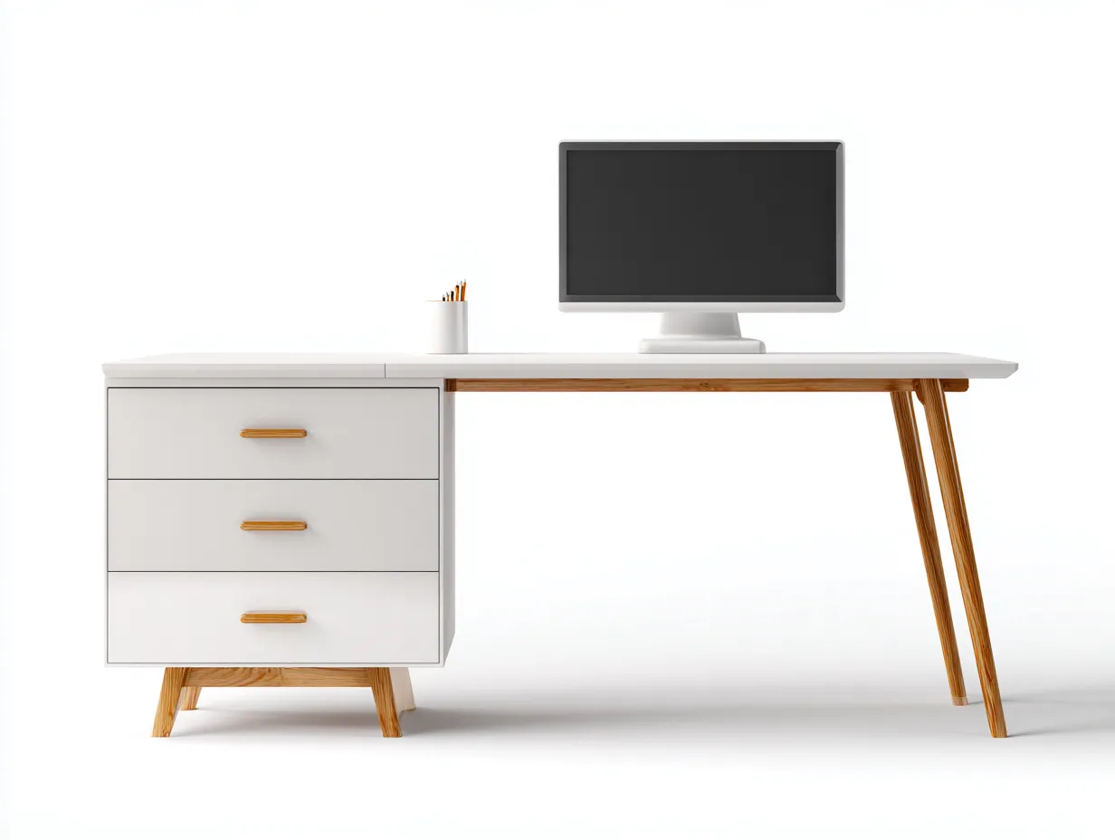 Bureau en bois 155x58x77 cm - blanc et bois naturel - avec tiroirs - pour bureau - style contemporain-Havenupmart