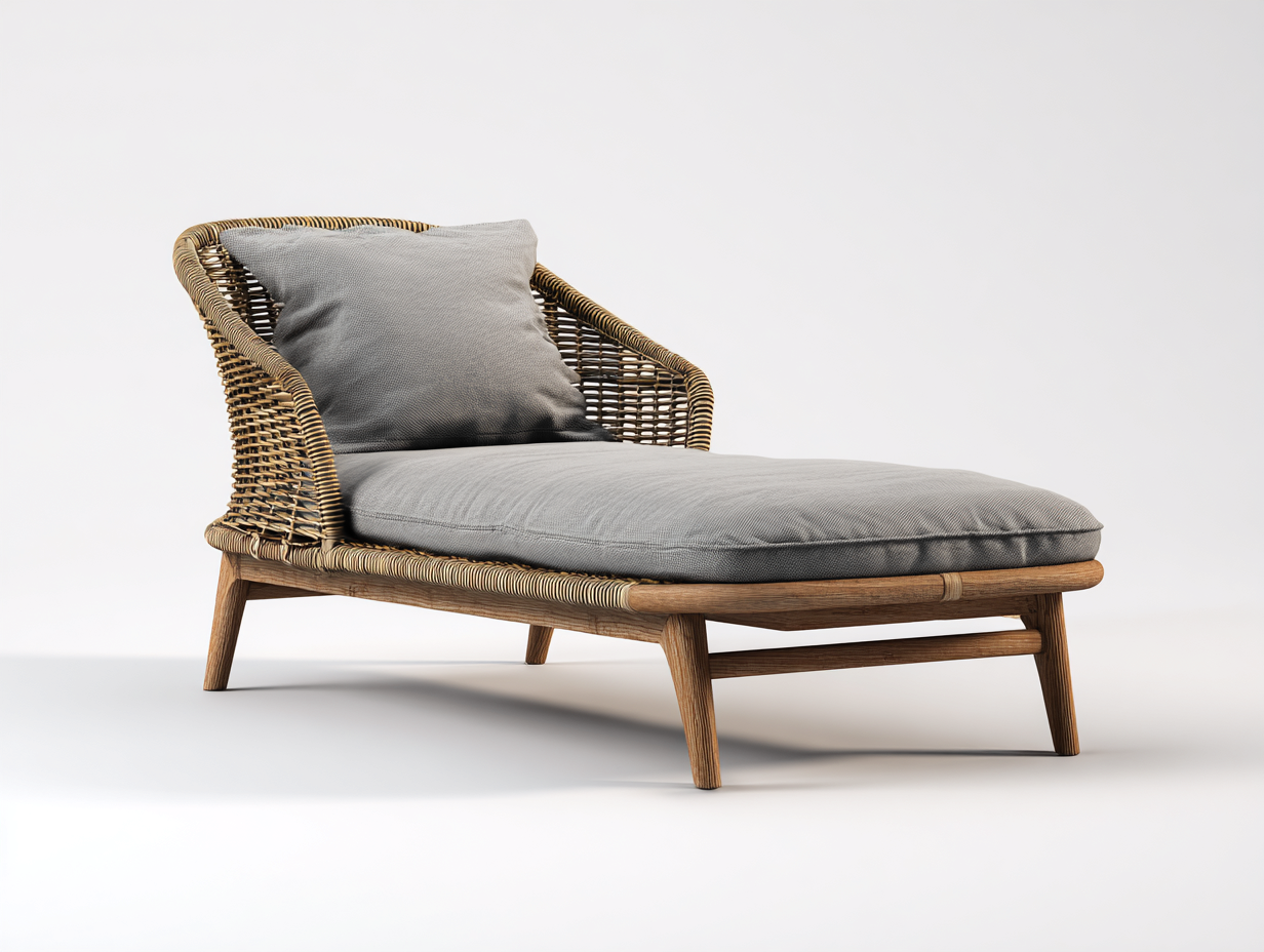 Bain de soleil en résine tressée et bois 165x68x78 cm gris-naturel style moderne pour jardin terrasse et bord de piscine-Havenupmart