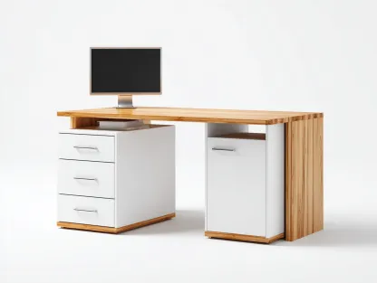 Bureau en bois 160x60x76 cm - bois naturel et blanc - avec tiroirs et rangement - pour bureau - style contemporain-Havenupmart