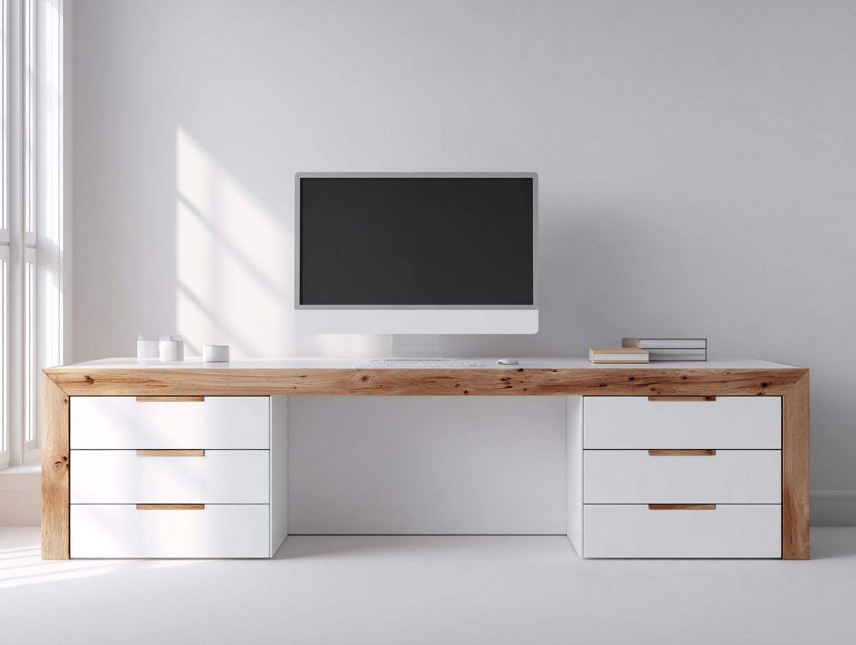 Bureau en bois 200x60x76 cm - bois naturel et blanc - avec tiroirs - pour bureau - style contemporain-Havenupmart