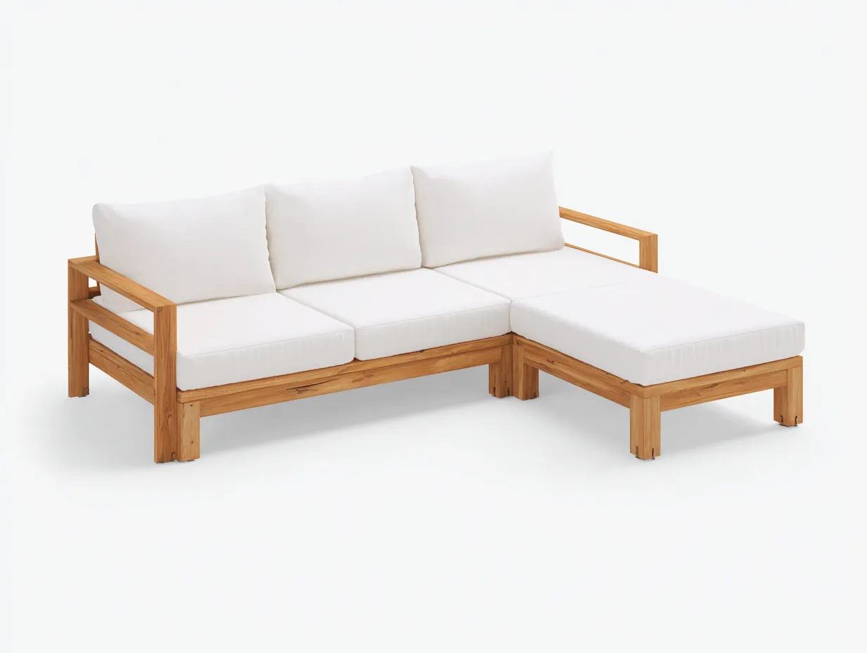 Canapé de jardin d'angle en bois 198x138x66 cm - bois naturel et blanc cassé - style contemporain extérieur-Havenupmart