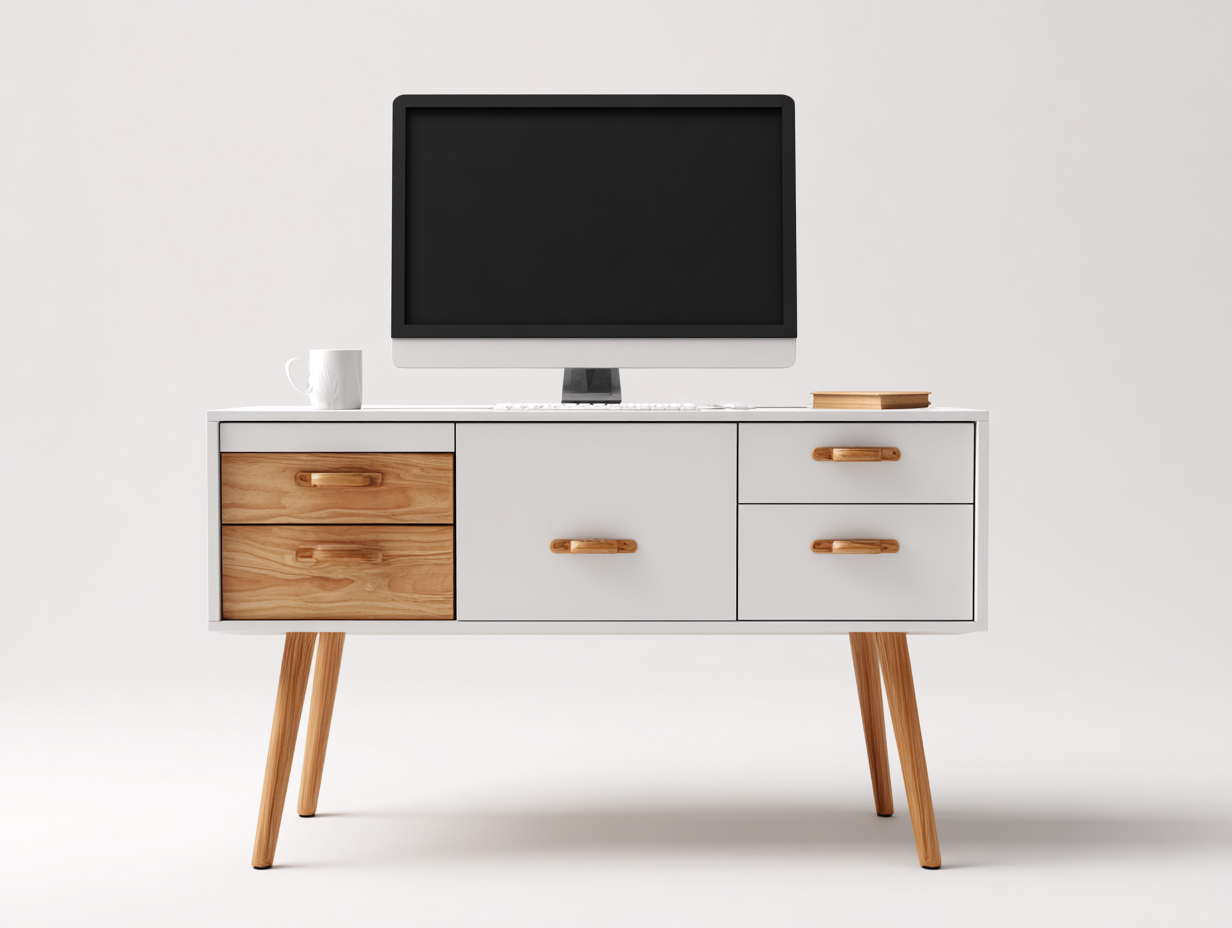 Bureau en bois 145x58x77 cm - blanc et bois naturel - avec tiroirs - pour bureau - style contemporain-Havenupmart