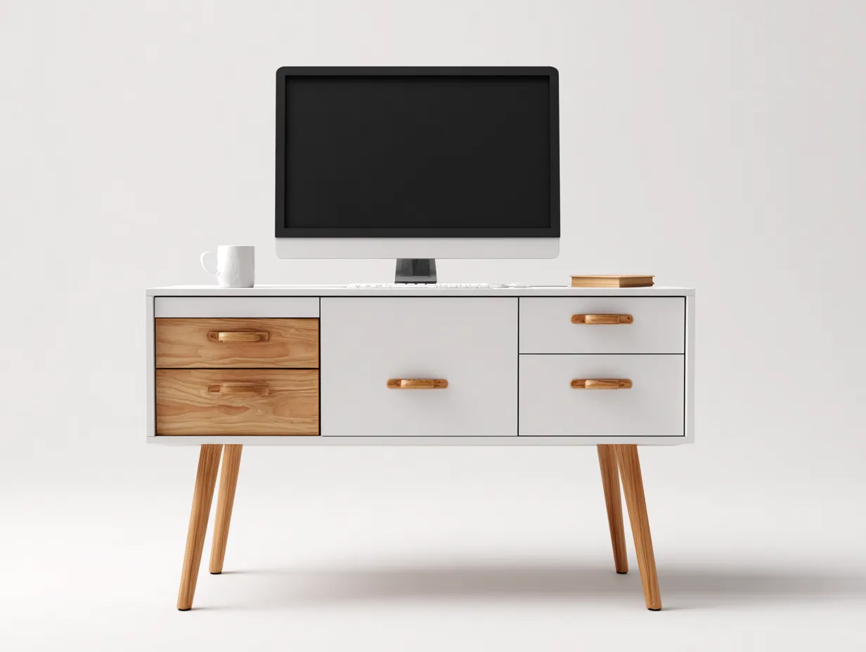 Bureau en bois 145x58x77 cm - blanc et bois naturel - avec tiroirs - pour bureau - style contemporain-Havenupmart