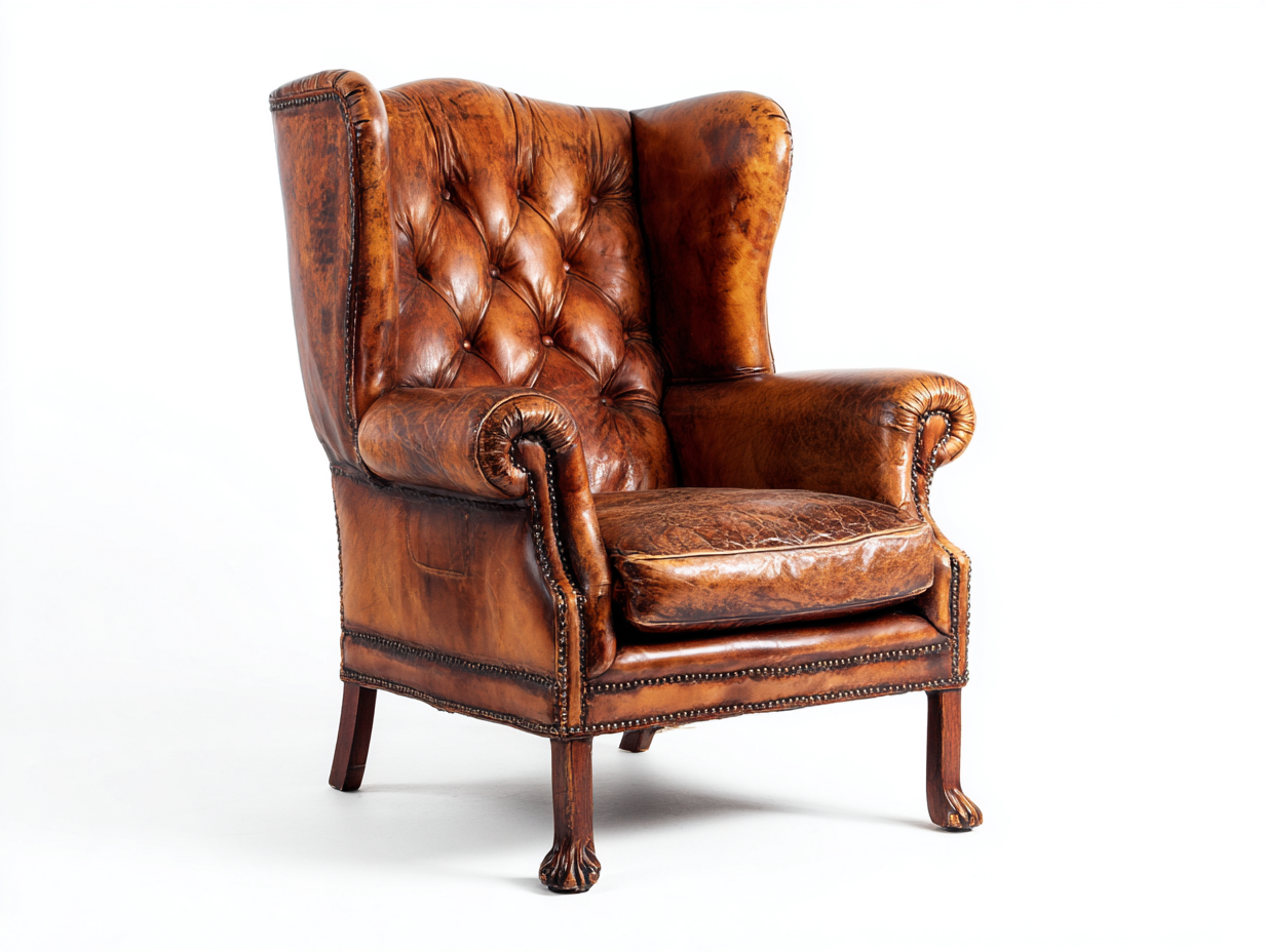 Fauteuil en cuir rembourré 81x87x113 cm - Marron vieilli - Pieds en bois - Pour salon - Style classique-Oakmyloft
