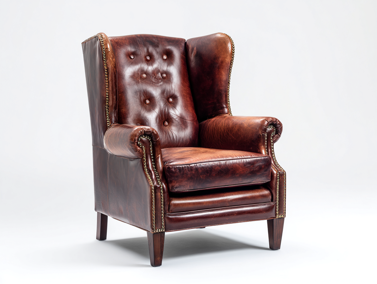 Fauteuil en cuir rembourré 79x85x112 cm - Marron vieilli - Pieds en bois - Pour salon - Style classique-Oakmyloft