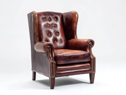 Fauteuil en cuir rembourré 79x85x112 cm - Marron vieilli - Pieds en bois - Pour salon - Style classique-Oakmyloft
