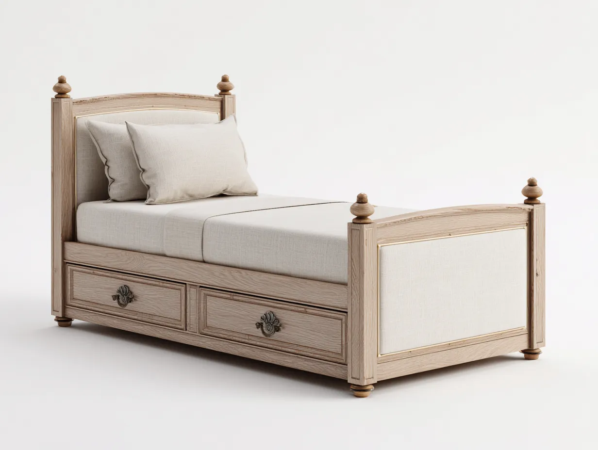 Lit simple 198x97x112 cm bois clair et beige pour chambre - design classique avec rangement intégré-Homigetpad