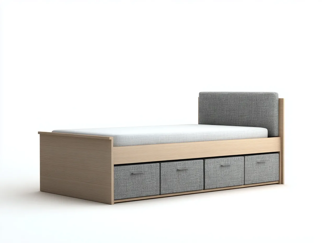 Lit simple 196x98x88 cm bois clair et gris pour chambre - design moderne avec rangement intégré-Homigetpad