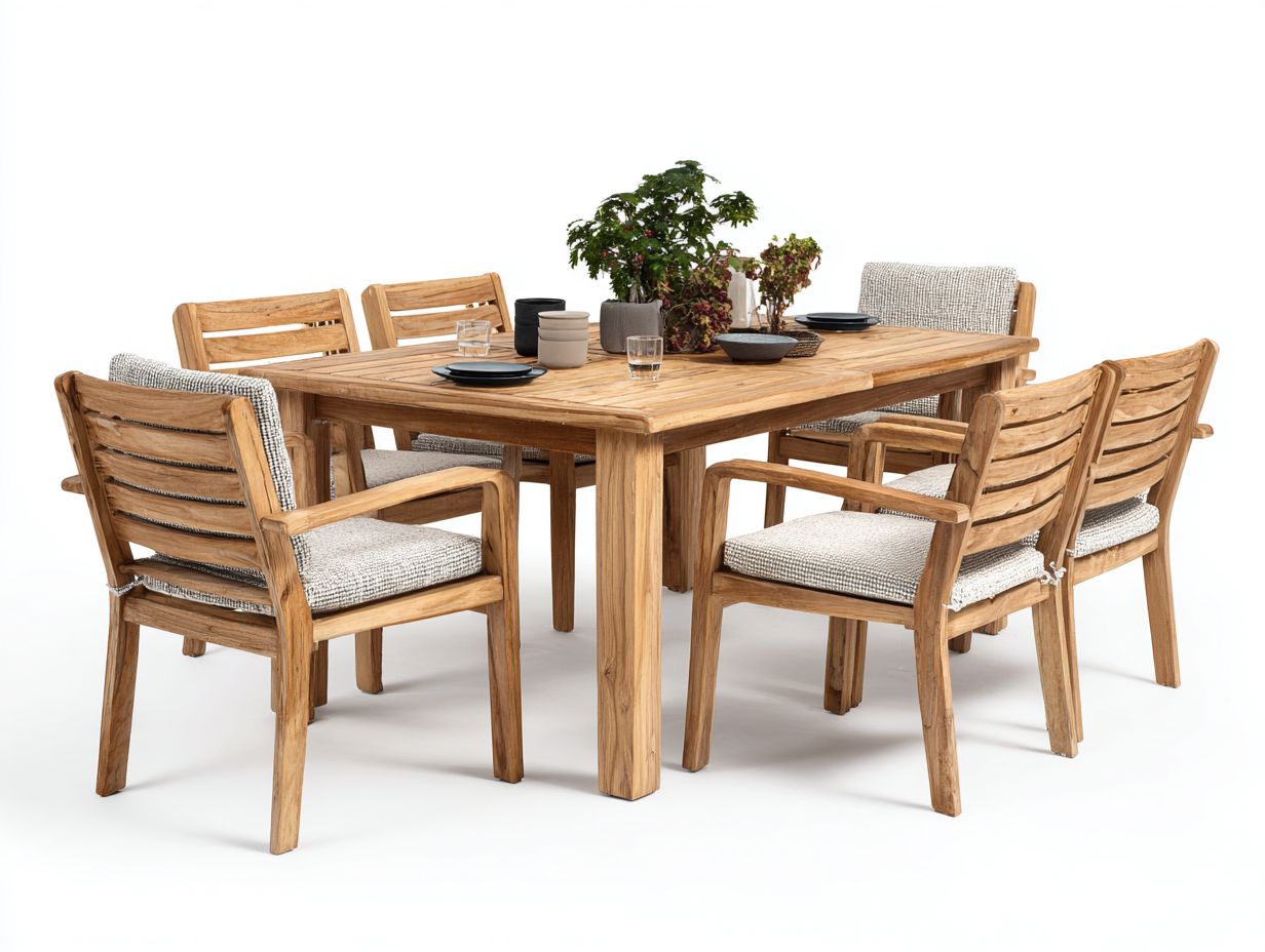 Salon de jardin repas en bois 190x95x75 cm - bois naturel et beige clair - pour jardin et terrasse - design contemporain avec coussins-Homigetpad