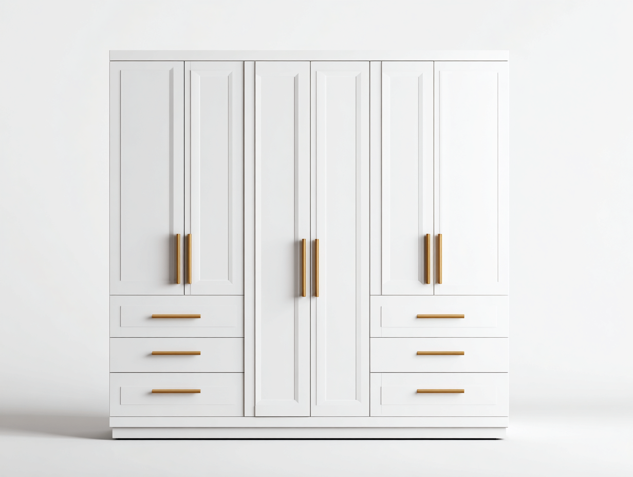 Kleiderschrank Holzwerkstoff 220x60x200 cm - Weiß - mit 4 Türen und 6 Schubladen - Klassisches Design für Schlafzimmer-Bamboomypad