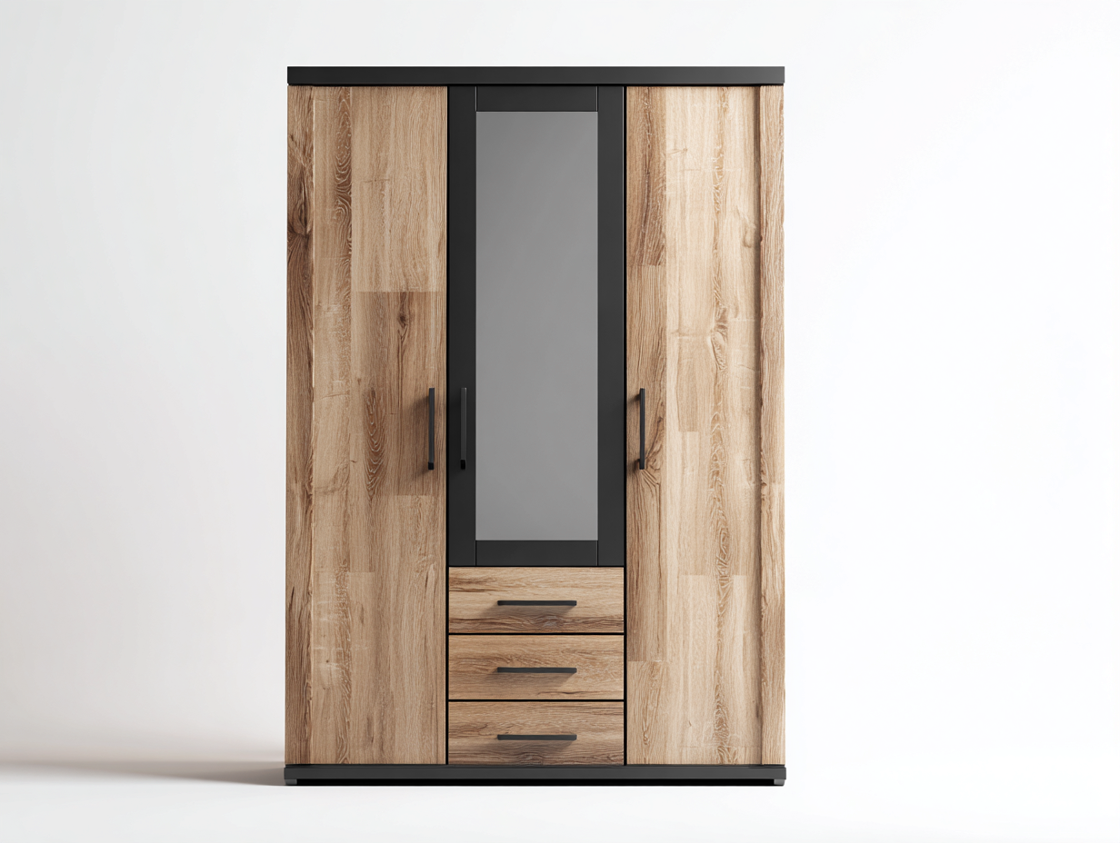 Kleiderschrank Holzwerkstoff 180x60x200 cm - Eiche Schwarz - mit Spiegel und Schubladen - Modernes Design für Schlafzimmer-Bamboomypad