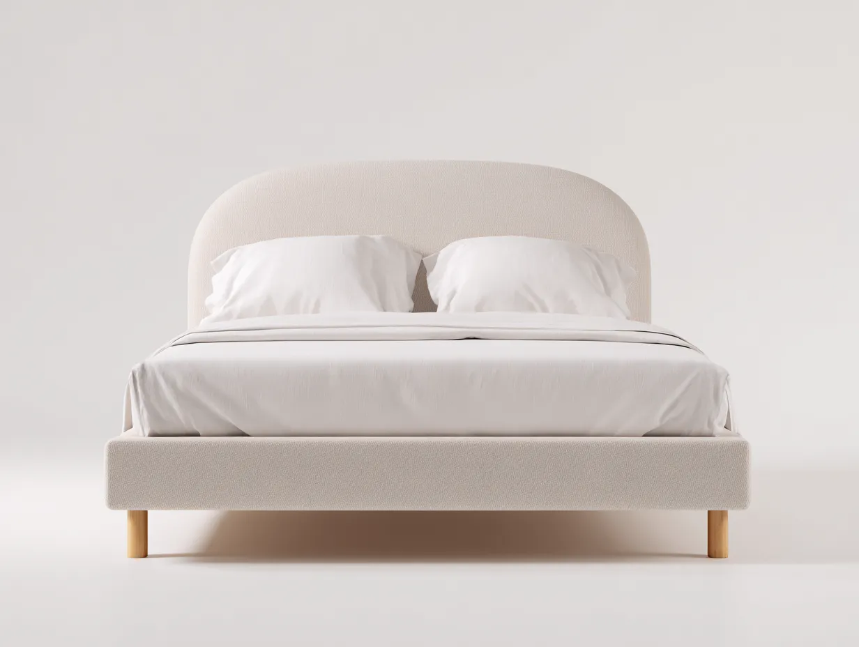 Cama doble tapizada 200x160x112 cm - beige crema - cabecero curvo y patas de madera-Nileniostudio