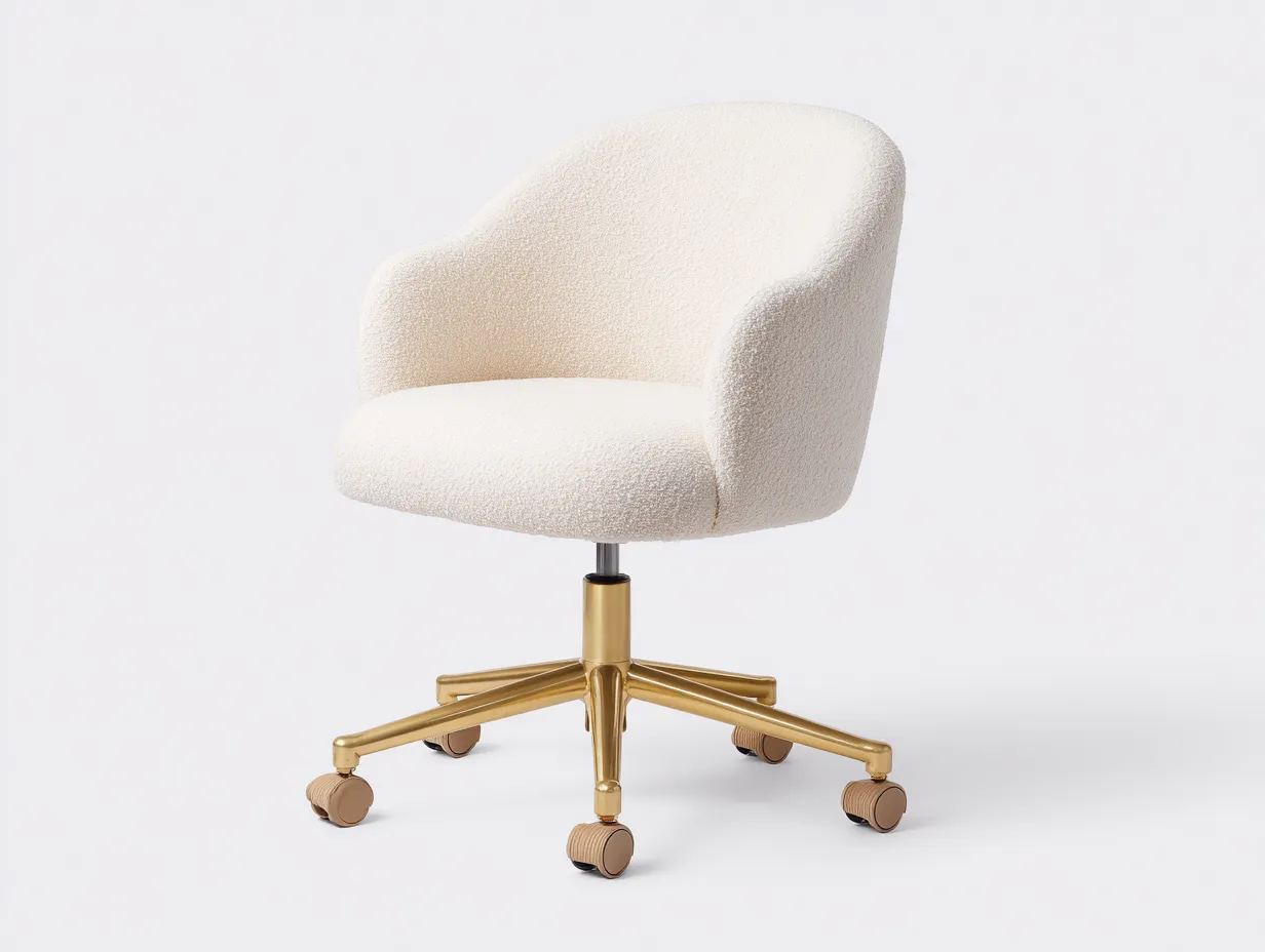Silla de oficina 63x65x83-91 cm - crema y dorado - tejido bouclé - giratoria con ruedas para despacho-Nileniostudio