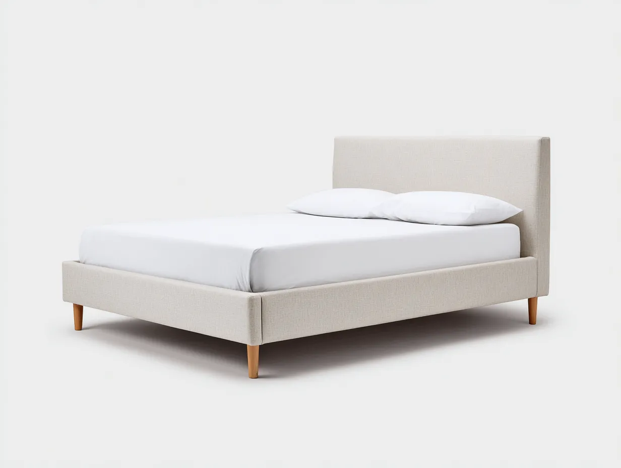Cama doble tapizada 200x160x110 cm - lino marfil - cabecero recto y patas cónicas de madera-Nileniostudio