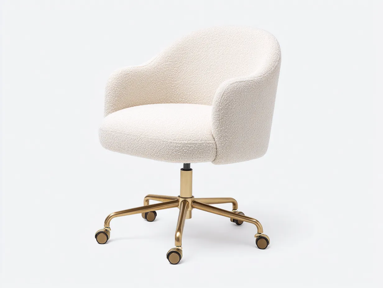Silla de oficina 64x66x82-90 cm - crema y dorado - bouclé - giratoria con base metálica