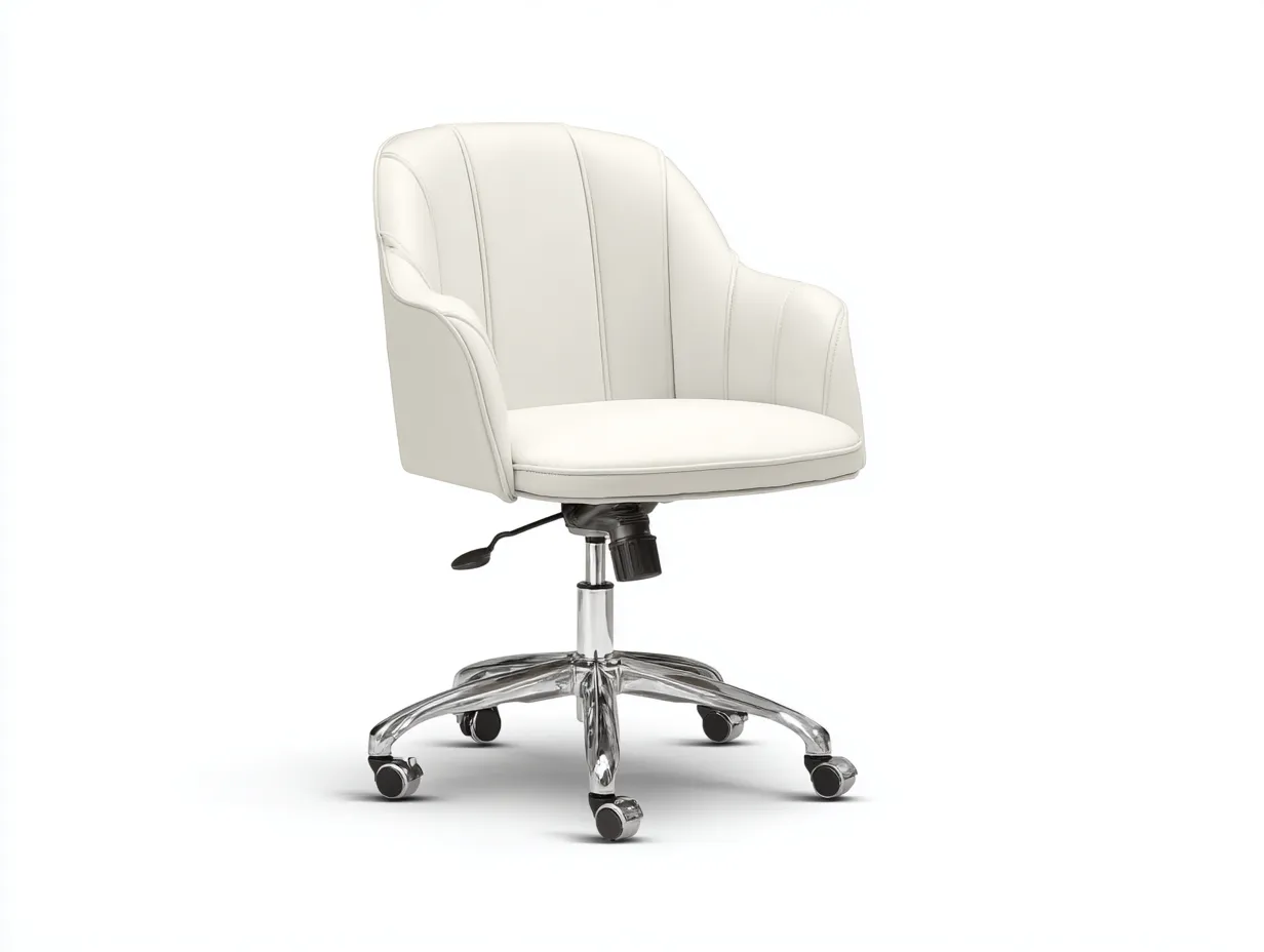 Silla de oficina 64x66x89-97 cm - blanco roto y cromado - polipiel acolchada - giratoria para escritorio-Nileniostudio