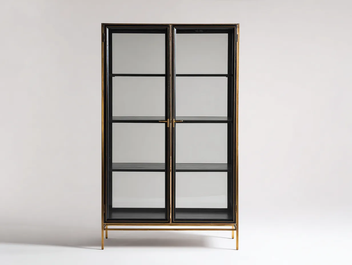 Vitrina 90x42x188 cm - metal y vidrio - negro y dorado - con 2 puertas para salón