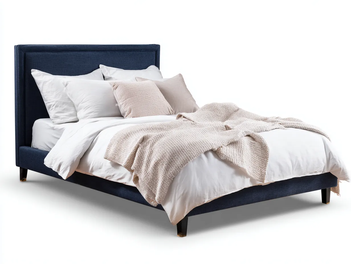 Cama doble tapizada 200x160x118 cm - azul marino - cabecero recto y estructura elevada-Nileniostudio