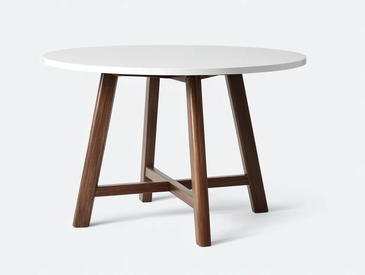 Mesa de comedor 120x120x75 cm - tablero blanco y nogal oscuro - para comedor - base cruzada redonda