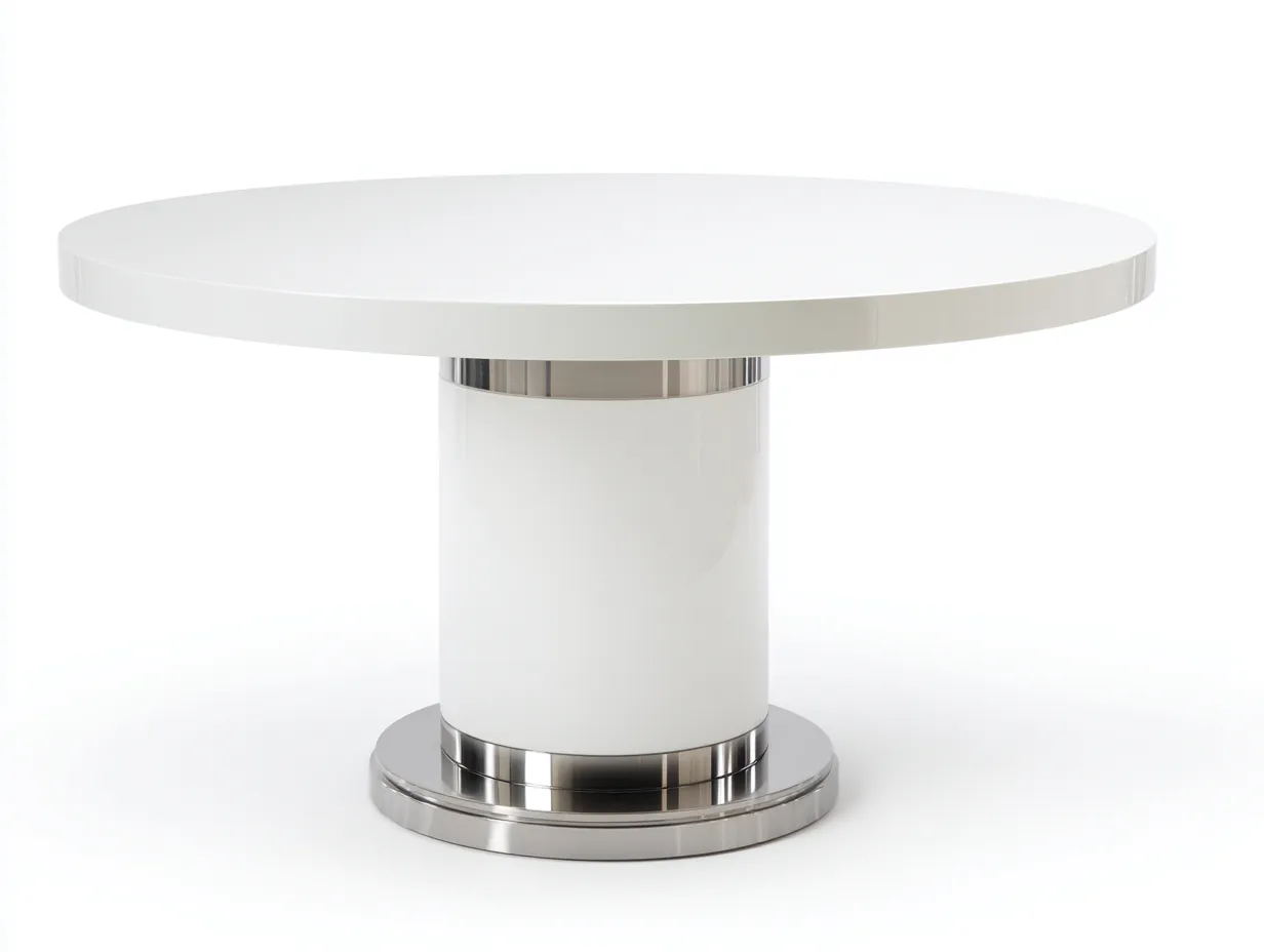 Mesa de comedor 135x135x75 cm - blanco brillo y plateado - para comedor - pedestal cilíndrico elegante-Nileniostudio