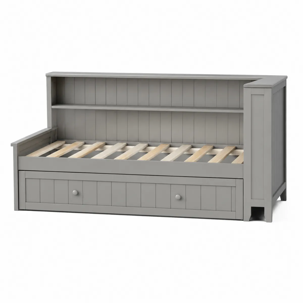 Holztagesbett mit Regal und Schublade Grau