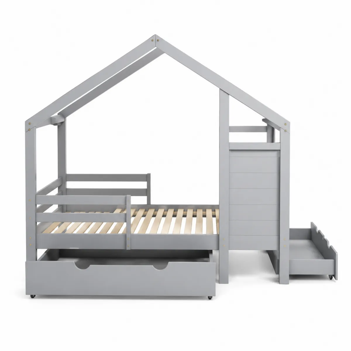 Kinderhausbett aus Kiefernholz mit Schubladen Grau 208x98x155 cm