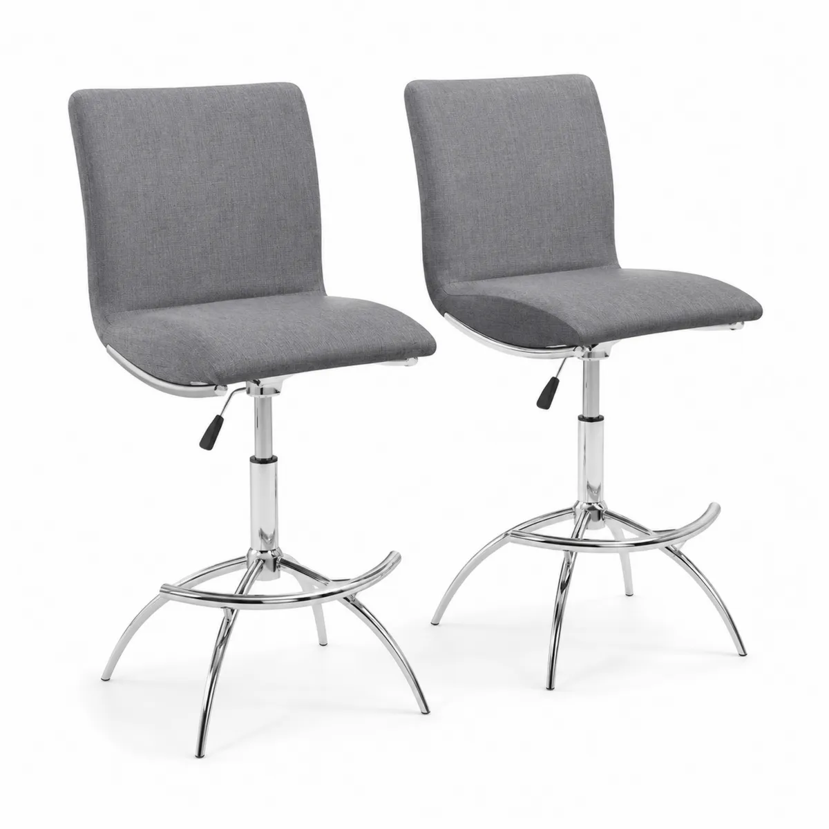 Höhenverstellbares Barhocker-Set mit grauem Polyesterstoff und verchromtem Metall