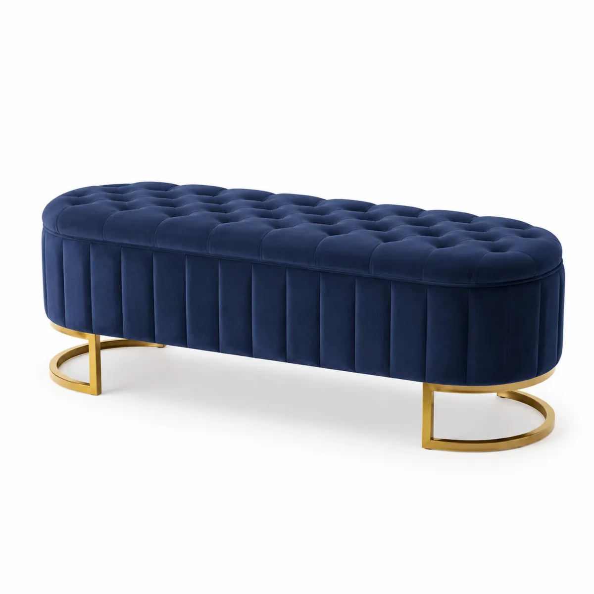 Polsterbank Samt Blau Oval 140cm Metallgestell