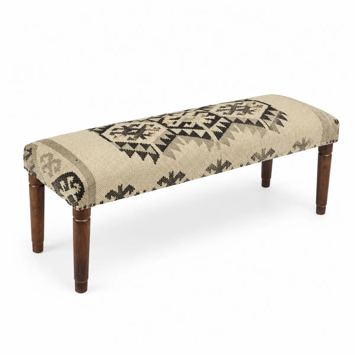 Polsterbank mit Aztekenmuster Beige Schwarz, Holzbeine, 120cm